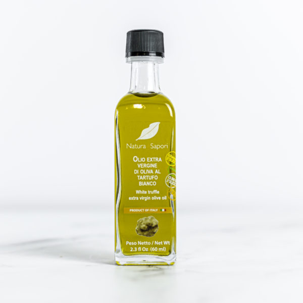 Bottiglia da 60 ml di olio extravergine di oliva al tartufo bianco disponibile presso My Little Italy
