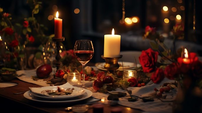 Table italienne élégamment dressée pour une célébration de Noël, illuminée par des bougies.