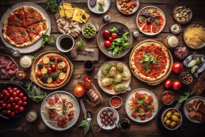 Les Plats Chaleureux Italiens - Table complète de plats italiens sur assiettes Pizza, pâtes, ravioli, carpaccio. Salade caprese et bruschetta à la tomate sur fond noir. Vue du dessus.
