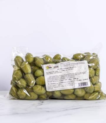 Sac de 1kg d'olives vertes italiennes, fraîches et savoureuses, disponibles chez My Little Italy.