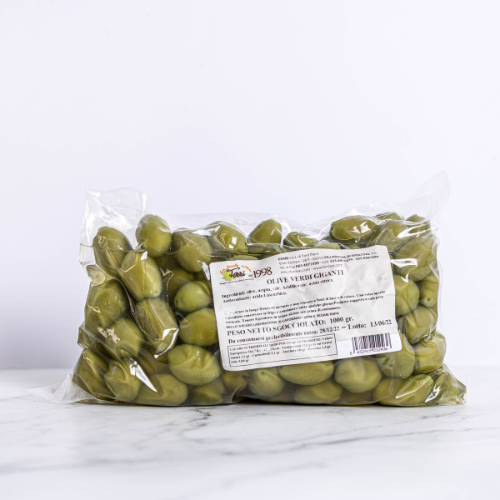 Sac de 1kg d'olives vertes italiennes, fraîches et savoureuses, disponibles chez My Little Italy.