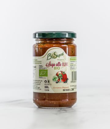 Pot de Sauce Tomate aux Olives Bio de 300g, parfait pour vos recettes méditerranéennes, disponible sur My Little Italy.