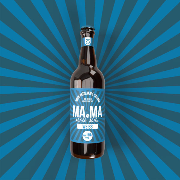 Bottiglia di birra bianca artigianale Weiss MaMa su sfondo blu.