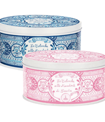 Colombe de Pâques Dolce & Gabbana aux amandes de Sicile dans sa boîte collector bleue aux motifs de majoliques siciliennes, édition limitée Fiasconaro